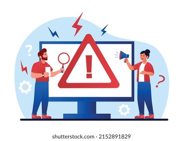 System error concept. Man and girl next to computer monitor. Attention sign or symbol. Programmers and technical support fix problems in code or broken link. Cartoon flat vector illustration