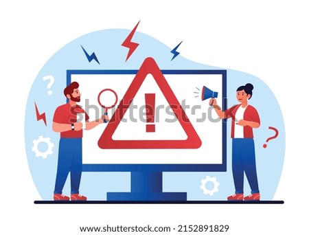 System error concept. Man and girl next to computer monitor. Attention sign or symbol. Programmers and technical support fix problems in code or broken link. Cartoon flat vector illustration