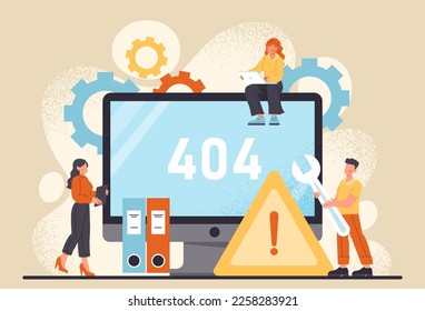 System error concept. Man with wrench and woman near tablet with number 404. Technical support and programmers fix errors in code