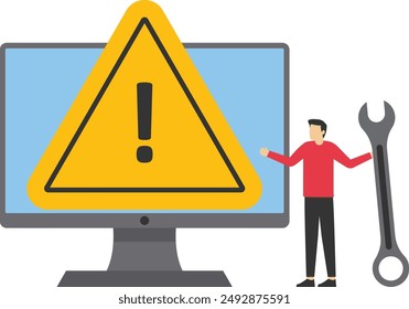 System error concept. Software problem or system failure, security alert or hardware fault to be fixed, caution or maintenance, young technician holding wrench fix system failure message on computer.
