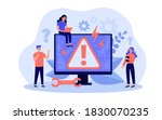 System error concept. Upset tiny people standing at computer with warning symbol on monitor. Vector illustration for page not found or computer breakdown topics