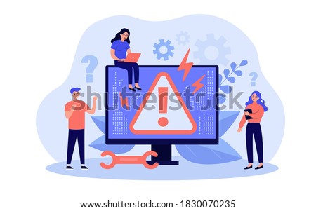 System error concept. Upset tiny people standing at computer with warning symbol on monitor. Vector illustration for page not found or computer breakdown topics