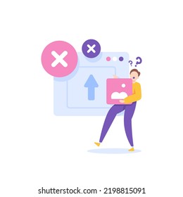 error del sistema, error al cargar imagen o archivo, archivo rechazado. un usuario masculino está confundido porque no puede subir su foto. problemas y tecnología. diseño de concepto de ilustración. elementos gráficos