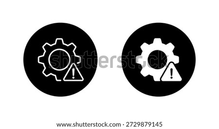 System error icon in black circle. Gear with exclamation mark symbol. Technical warning sign