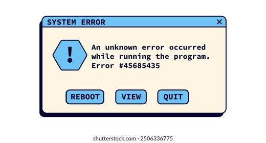 Mensaje de error del sistema en estilo retro. Notificación de bloqueo de ventana en color azul. Ventana vintage de advertencia.
