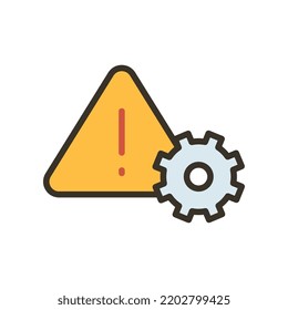 System error and not working sign. Settings icon with exclamation mark in triangle with gear wheel. Industry Problem. Gear, setting, warning icon. Vector illustration filled outline style EPS10