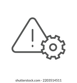Error del sistema y signo de no funcionamiento. Icono de configuración con signo de exclamación en triángulo con rueda de engranajes. Problema de la industria. Engranaje, ajuste, icono de advertencia. Estilo de contorno relleno de ilustración del vector EPS10