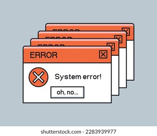 System error old window. Interface for programs and applications, software. Notice and danger, alert. Back to 80s and 90s. UI and UX design. Cartoon flat vector illustration