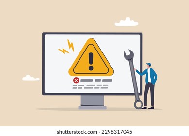 System error, software problem or system failure, security alert or hardware fault to be fixed, caution or maintenance concept, young technician holding wrench fix system failure message on computer.