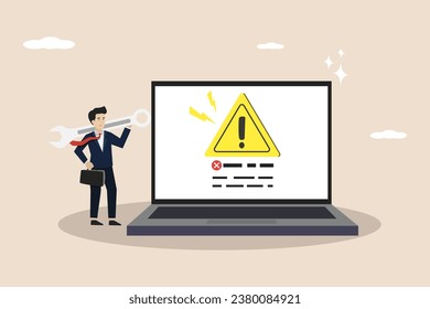 System error, software problem, security warning or getting a device virus, precaution or maintenance concept, young businessman holding wrench fixing system failure message on computer.