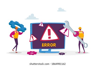 System Error, Website Under Construction. 404 Page Maintenance. Tiny Male Workers Characters in Uniform with Wrench Repairing Network Problem. Web Page Not Found. Cartoon People Vector Illustration