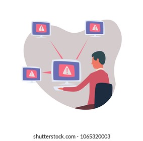 System errors in network, computer viruses concept. Man sitting and working on the computer. Abstract vector illustration, isolated on white background.