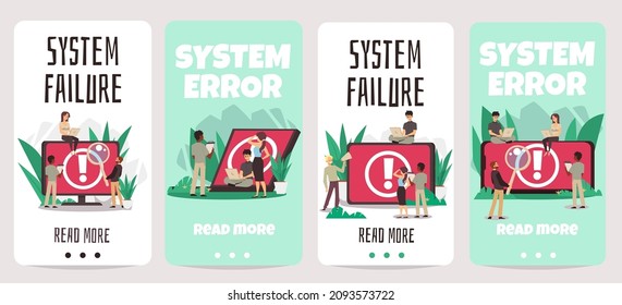 Alerta de fallo del sistema o inicio de sesión en pantalla de ordenador y portátil,conjunto de ilustraciones vectoriales. Las personas con laptops, altavoces y lentes, trabajan para arreglar problemas de Internet o de computadora. Trabajo de mantenimiento en Internet