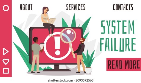 System failure error warning and people who solves this problem. Exclamation point on the big red monitor and tiny people with laptop and lens fixing Network Lost Connection. Flat vector illustration.