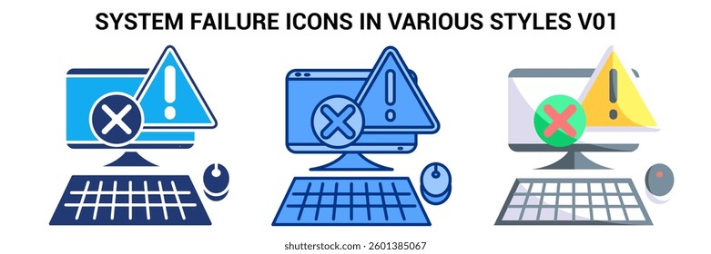 System Failure icon represented by computer with warning sign Blue, Flat, Dualtone style.