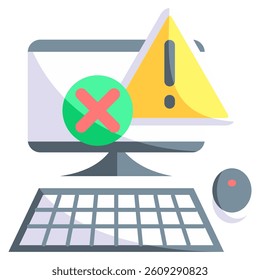 System Failure icon represented by computer with warning sign Flat style.