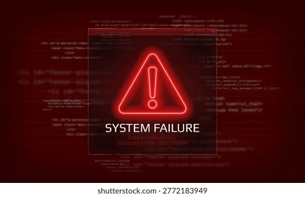 System failure warning sign. Digital security breach and data protection concept. Hacked system or cyber attack. Danger symbol on the screen. Vector illustration.