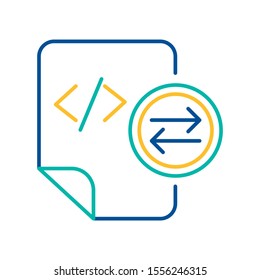 System files exchange blue and yellow linear icon. HTML tag transfer mark color thin line pictogram
