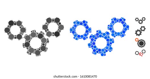 System gears mosaic of round dots in variable sizes and shades, based on system gears icon. Vector dots are composed into blue mosaic. Dotted system gears icon in usual and blue versions.