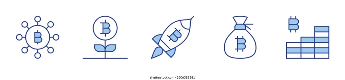 system, growth, rocket, bitcoin. Bitcoin Icon vector illustration. Line Duotone style. Editable stroke.
