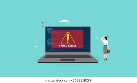 System hacked alert after cyber attack on computer network, Warning Of Cyber Threats, cybercrime, internet virus cyber security and cybercrime, woman confused with compromised information concept