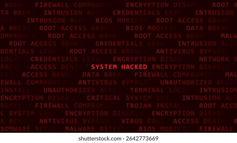 SYSTEM HACKED Cybersecurity Warning Text Background (Texto De Aviso De Segurança Cibernética HACKEADO Do SISTEMA Em Segundo Plano) Com Mensagens De Erro Do Sistema Realçadas Em Vermelho. Conceito De Violação De Dados, Hacking E Alerta De Malware. Ilustração de vetor.