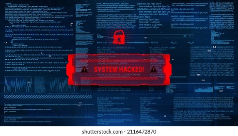 System hacking with info message. Background with a code on a blue background and a virus warning. Concept Malware penetration, virus, data leakage threat, system hacking, scam, ddos Vector background
