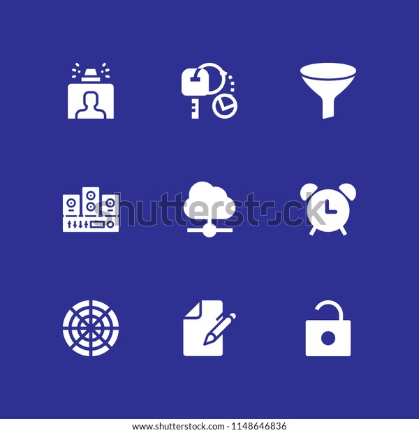 system icon. 9\
system vectors with car key, filter, security gate and sound system\
icons for web and mobile\
app