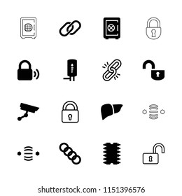 System icon. collection of 16 system filled and outline icons such as safe, liver, cpu, geyser, security camera, lock, chain. editable system icons for web and mobile.