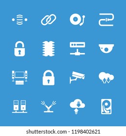 System icon. collection of 16 system filled icons such as lock, gramophone, cpu, cloud download upload, security camera, pipe, chain. editable system icons for web and mobile.