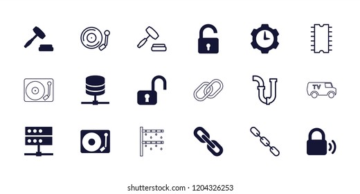 System icon. collection of 18 system filled and outline icons such as opened lock, server, auction, gear clock, pipe, open lock. editable system icons for web and mobile.