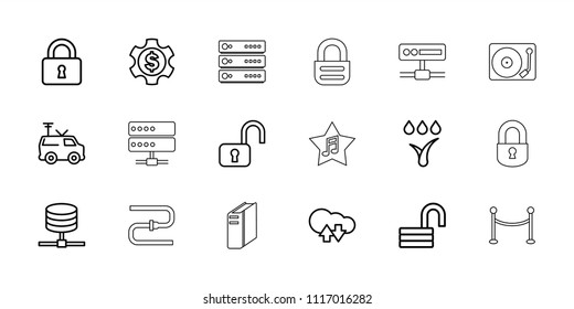 System icon. collection of 18 system outline icons such as opened lock, open lock, cloud download upload, lock, tv van, server. editable system icons for web and mobile.