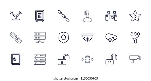 System icon. collection of 18 system outline icons such as security camera, safe, open lock, cloud download upload, chain. editable system icons for web and mobile.