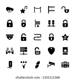 System icon. collection of 25 system filled icons such as lock, opened lock, security camera, red carpet barrier, favorite music. editable system icons for web and mobile.