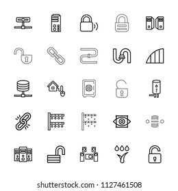 System icon. collection of 25 system outline icons such as opened lock, pipe, chain, server, camera, angle, smart home, geyser, lock. editable system icons for web and mobile.