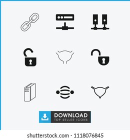 System icon. collection of 9 system filled and outline icons such as server, atom interaction, bladder, opened lock, open lock. editable system icons for web and mobile.