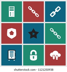 System icon. collection of 9 system filled icons such as chain, home security, cloud download upload, lock, safe, favorite music. editable system icons for web and mobile.