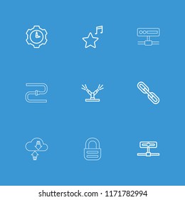 System icon. collection of 9 system outline icons such as chain, favorite music, camera, gear clock, pipe, lock. editable system icons for web and mobile.