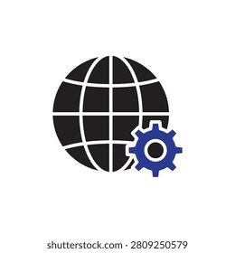 System icon. Network. Globe symbol with a gear. Management, gears, maintenance, future. Flt design style.