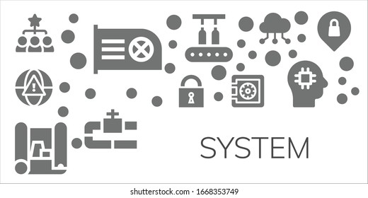 system icon set. 11 filled system icons. Included Hierarchical structure, Cpu, Alarm, Lock, Scheme, Safe, Conveyor, Pipe, Cloud computing, Brain, Privacy icons