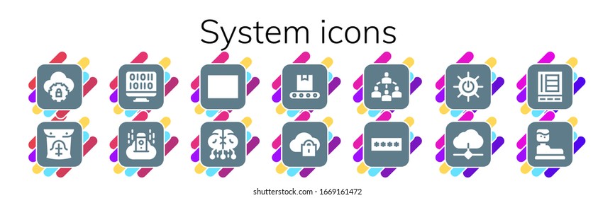 system icon set. 14 filled system icons.  Simple modern icons such as: Cloud computing, Abs, Binary code, Server, Barcode, Brain, Conveyor, Connected, Password, Solar energy, Cloud