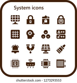  system icon set. 16 filled system icons. Simple modern icons about  - Solar panel, Lock, Harddrive, Grid, Brain, Rate, Access, Alarm, Pipe, Nasal spray, Chip, Router, Cpu, Heater