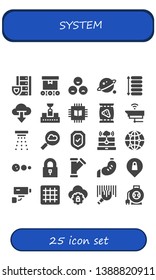 system icon set. 25 filled system icons.  Collection Of - Server, Conveyor, Rate, Orbit, Spacing, Cloud computing, Chip, Chips, Cctv, Smoke detector, Security, Connect, Solar system