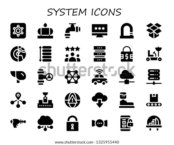 system icon set. 30\
filled system icons.  Collection Of - Hidden camera, Water tank,\
Pipe, Password, Lock, Dropbox, Planet, Spacing, Rating, Database,\
Padlock, Moon rover,\
Liver