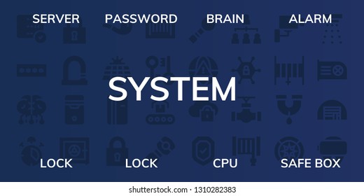 system icon set. 32 filled system icons. on blue background style Simple modern icons about  - Server, Password, Brain, Alarm, Lock, Cpu, Safe box, Pipe, Solar panel, Refrigerator