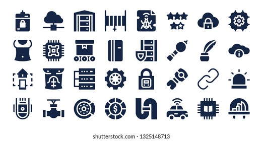 system icon set. 32 filled system icons. on blue background style Simple modern icons about  - Harddrive, Abs, Smart home, Space capsule, Cloud computing, Cpu, Pipe, Server, Conveyor