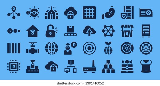 system icon set. 32 filled system icons. on blue background style Collection Of - Connection, Solar system, Barcode, Cpu, Smart house, Pipe, Conveyor, Domotics, Lock, Connect