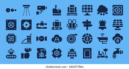 system icon set. 32 filled system icons. on blue background style Simple modern icons about  - Solar system, Safebox, Cpu, Conveyor, Smoke detector, Vigilance, Technology, Security camera