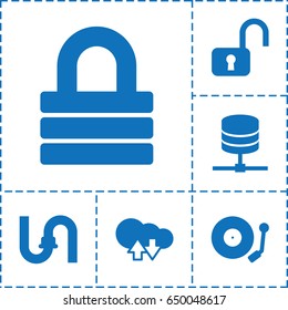 System icon. set of 6 system filled icons such as pipe, lock, gramophone, cloud download upload, open lock