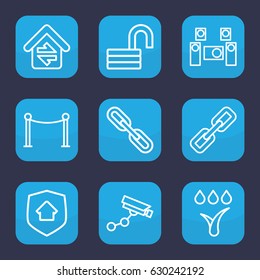 System icon. set of 9 outline system icons such as security camera, red carpet barrier, opened lock, chain, home connection